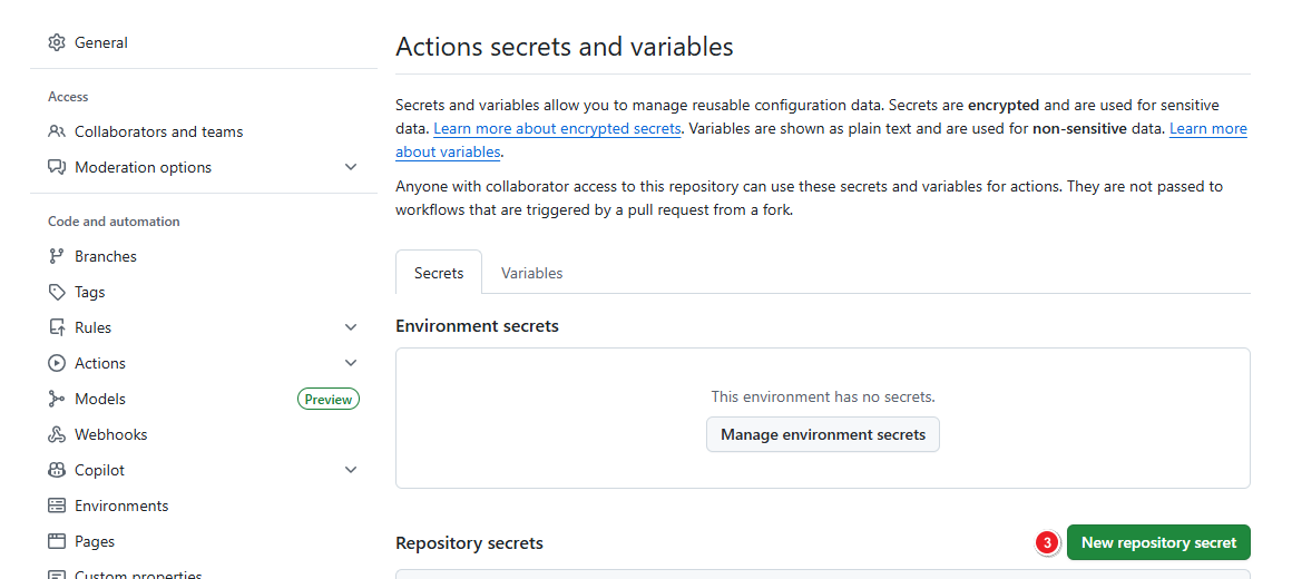 进入 GitHub Actions Repository Secrets